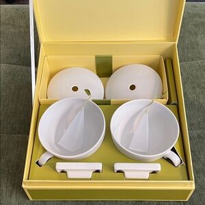 Tea Forte Duet Porcelain Cafe Cups Covers Ceramic Tea Trays 2 Silk Infusers